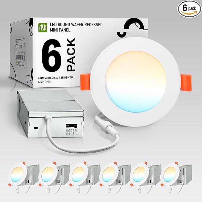 ASD 6 Pack LED Recessed Lighting 4 Inch 12W, 5 CCT 2700K-5000K CRI90+, IC Rated Ultra Thin Dimmable Ceiling Lights with J Box, Canless Wafer Downlight, Round Slim Panel Light, Energy Star ETL, White
