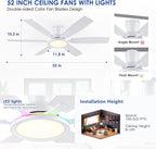 55In Flush Mount Ceiling Fan with RGB Light - White Modern Ceiling Fan with 6 Dual-Sided Blades, Reversible DC Motor, Low Profile Fan Light Fixture for Indoor Bedroom, Outdoor Patios