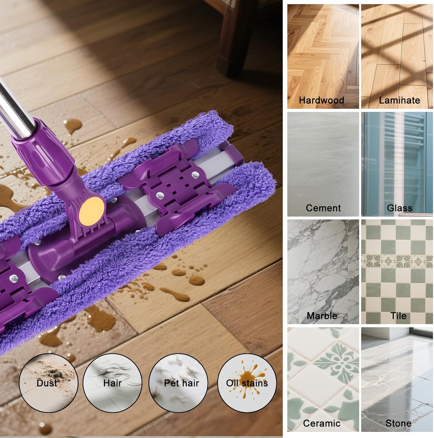 ITTAR 16" Dust Mop for Floor Cleaning, Flat Mop with Stainless Steel Long Handle, 5 Reusable Wahshable Mop Pads, Microfiber Mops for Hardwood, Laminate, Tile Cleaning