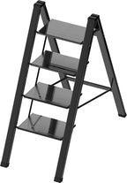 Lightweight Folding Step Ladder Household, Aluminum 4 Step Ladder Foldable for Home, Sturdy Step Stool for Adults 330 Lbs - Black