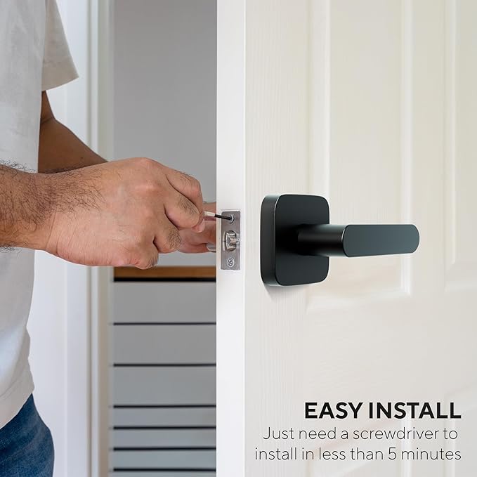 ULTRALOQ Passage Lever Door Handle, Reversible Black Front Door Handle No Lock for Interior or Exterior Door, Closet, Hallway, Adjustable Latch Backset, IP65 Waterproof, Matte Black