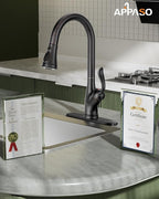 APPASO Pull Down Kitchen Faucet with Sprayer Oil Rubbed Bronze, Single Handle High Arc Faucet with Deck Plate, Neoperl Aerator, CUPC-Certified Pull-Out Hose, Water Supply Tubing, and Valve Core