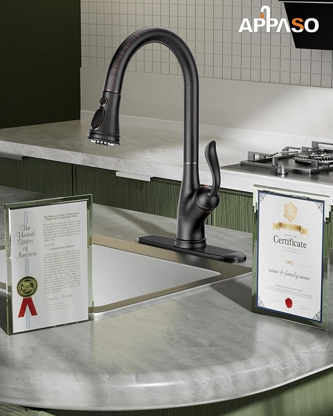 APPASO Pull Down Kitchen Faucet with Sprayer Oil Rubbed Bronze, Single Handle High Arc Faucet with Deck Plate, Neoperl Aerator, CUPC-Certified Pull-Out Hose, Water Supply Tubing, and Valve Core
