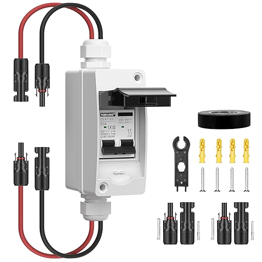 Solar Panel Disconnect Switch 63Amp DC AC Miniature Circuit Breaker 500V 2 Poles with PV Connector and IP65 Waterproof UV-Proof Box for Outdoor Solar PV Homes Battery