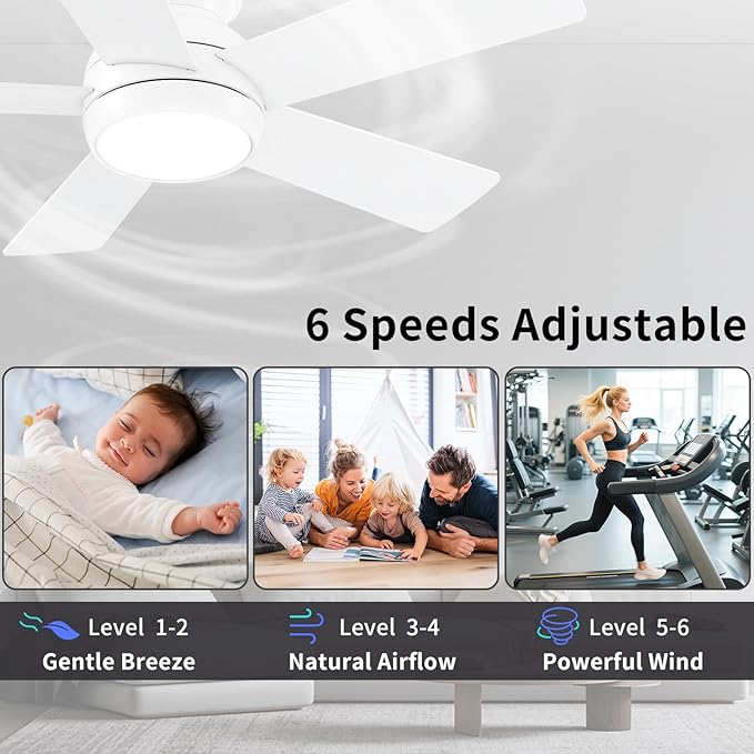 42 Inch White Ceiling Fans with Lights and Remote, LED Low Profile Flush Mount Ceiling Fan for Bedroom, Living Room, Patio, Quiet DC Motor, 5 Blades