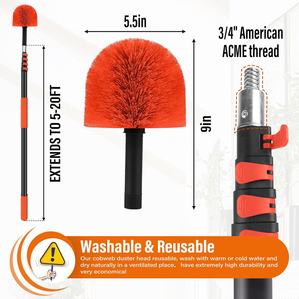 26 FT Cobweb Duster with Extension Pole,Spider Web Brush with Pole Extend 5-20FT,Spiderweb Cleaner with 4-Stage Telescopic Aluminum Pole,Spider Brush Cobweb for Outdoor & Indoor Cleaning