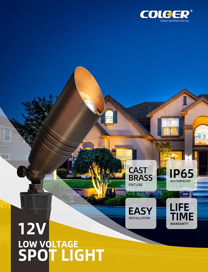 COLOER Brass Landscape Spotlights, 12 Pack Landscape Light Fixture with 5W Aluminum Housing MR16 LED Bulb 2700K 450LM, 12V AC/DC Low Voltage Outdoor Spot Lighting, Uplight for Garden and Patio(102B)