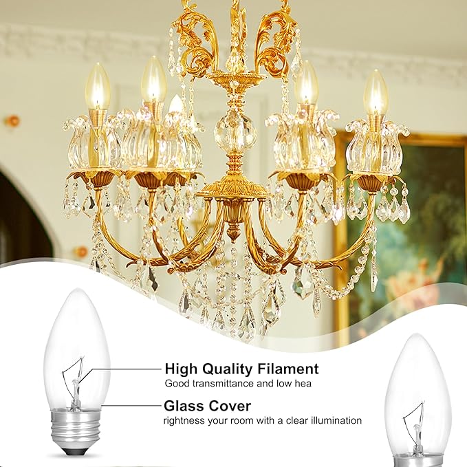 60W Incandescent Torpedo Tip Chandelier, Chandelier Light Bulbs 60 watt, Clear Dimmable, E26 Candelabra Base, Torpedo Transparent Light Bulbs for Chandeliers (10 Pack)