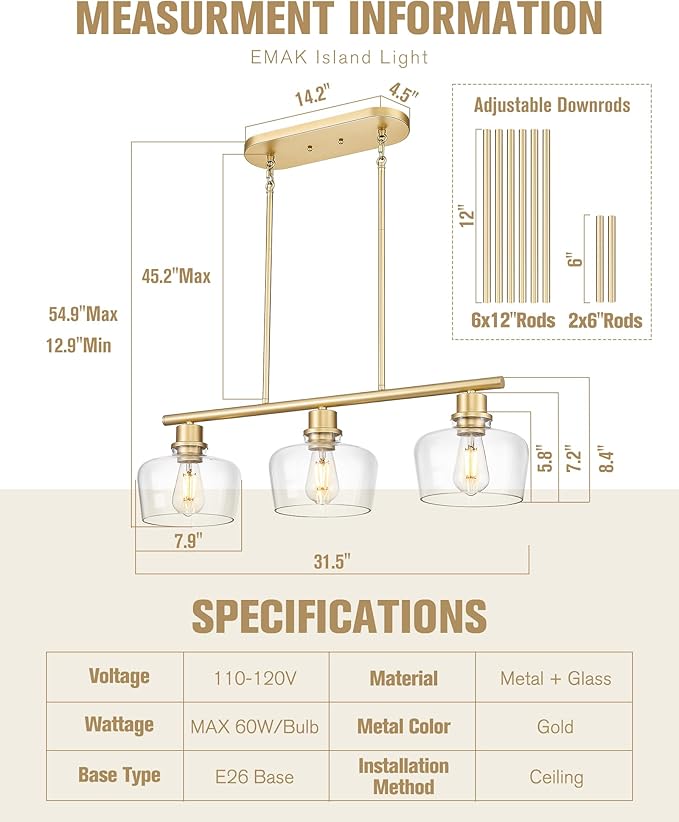 Emak Gold Kitchen Island Lighting, 3-Light Dining Room Light Fixtures Over Table with Clear Glass Shade, Modern 32 Inch Island Lights for Kitchen, Dining Room, Bar, IL122-GD-CG-3