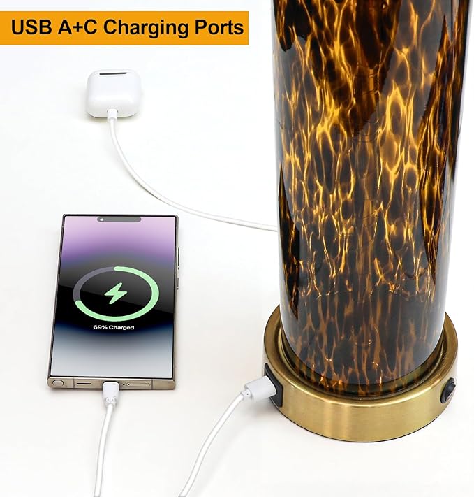 Oneach 27.75" Modern Table Lamps Set of 2, Gold Bedside Lamp with Leopard Glass Nightlight, USB A+C, Black Crystal Shade, Unique Desk Lamps for Living Room, Bedroom, Nightstand (2 Bulbs Included)