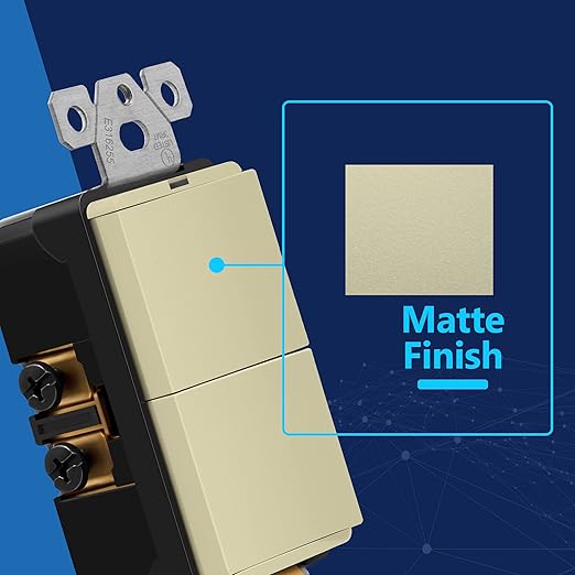 LIDER Minimalist Design Matte Finish Lighted Double Switch, Combination Frameless Decorator Switch with Locator Light, Ground Terminal, Single Pole, 15A 120-277V, UL Listed, LCS2-1P-I, Ivory