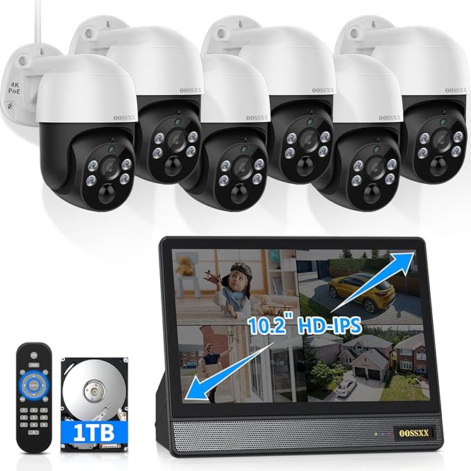 4K & PTZ Digital Zoom 2-Way Audio PoE Outdoor Camera Home Security Camera System Wired Outdoor Video Surveillance IP Camera System DVR Kit,10’’ UHD Monitor