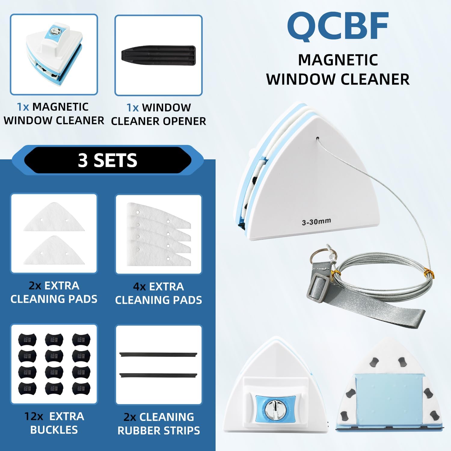 Double-Sided Magnetic Window Cleaner, Adjustable Magnetic Double Window Wiper, Equipment Cleaning Brush Tool, Suitable for 3-30mm Thickness of High-Rise and Automotive Glass Windows (1, Blue)