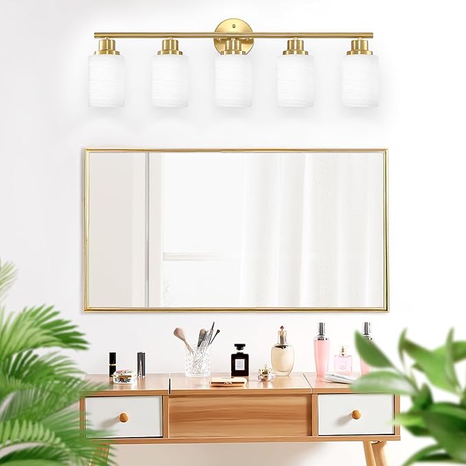 5-Light Vanity Lights, Brushed Gold Bathroom Light Fixture with Striped Textured Milky White Glass Shade, E26 Modern Vanity Lighting Fixture for Bathroom Wall Sconce Light Over Mirror