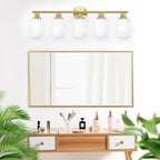 5-Light Vanity Lights, Brushed Gold Bathroom Light Fixture with Striped Textured Milky White Glass Shade, E26 Modern Vanity Lighting Fixture for Bathroom Wall Sconce Light Over Mirror