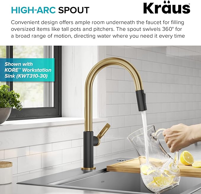 KRAUS Oletto High-Arc Single Handle Pull-Down Kitchen Sink Faucets in Brushed Brass/Matte Black, Kitchen Faucets with Pull Down Sprayer, KPF-2820BBMB