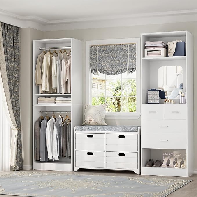 Unikito 50” Closet System with 4 Drawers, 4.2FT Wood Closet Organizer with Hanging Rods and Mirror, Reversible Small Walk in Closet Wardrobe, Adjustable Sturdy Clothes Garment Rack, Set of 2, White