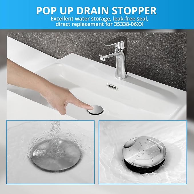 Polished Chrome 972098A Bathroom Sink Push & Seal Pop Up Drain Stopper Assembly,Part number is 35338-06XX,Sealed and Durable