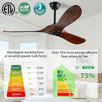 52" Walnut Wood Ceiling Fans,Outdoor Ceiling Fan without Light for Patios,3 Blade Small Propeller Fan Ceiling Mount for Outside Pergola,6 Speed Reversible Quiet DC Motor Fan for Bedroom