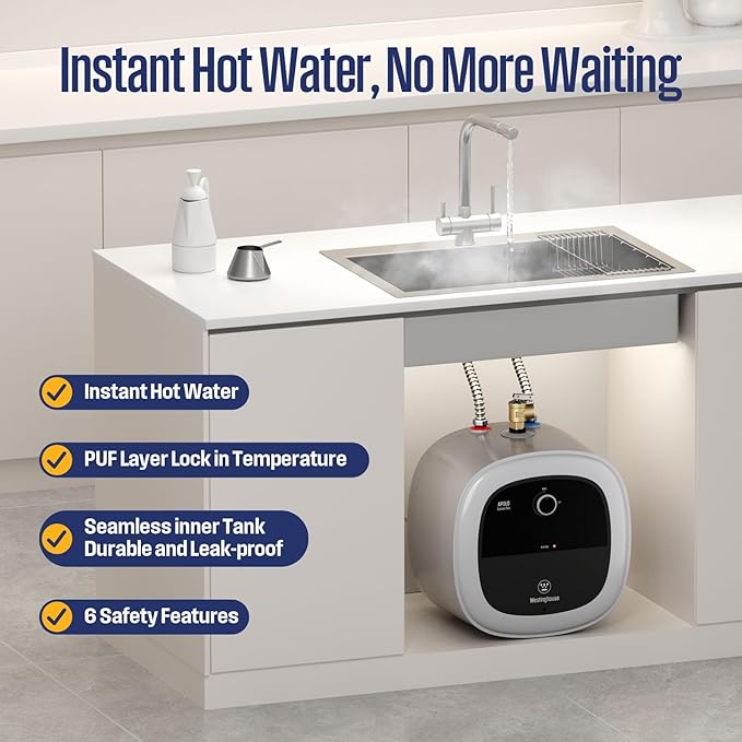 Westinghouse 4 Gallon Electric Mini Tank Water Heater, 120V, 1440W Instant Hot Water for Point of Use, Compact Under Sink & RV Design, Easy Wall/Floor Mount, UL Listed (Gray)