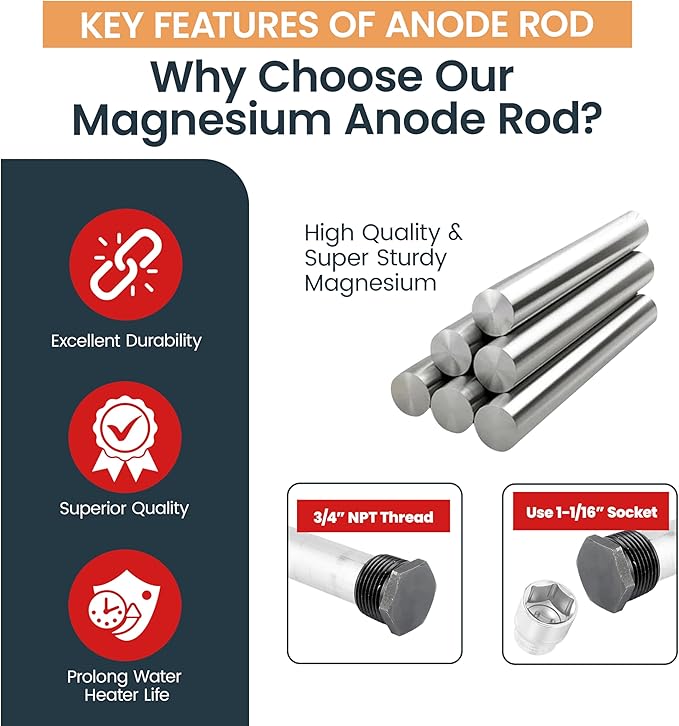 Flexible Water Heater Magnesium Anode Rod 3/4 Inch NPT Thread Hex Plug | Collapsible Anode Rod For Hot Water Heaters Tank | 4 Segmented Rods 44" Long