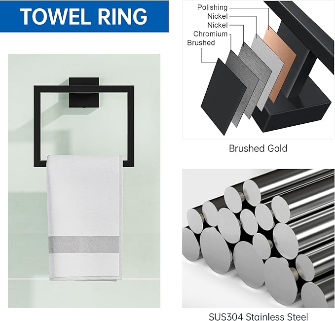 10-Pieces Bathroom Hardware Set, SUS304 Stainless Steel Wall Mounted 23.6 Inch Towel Bar, Toilet Paper Holder, Towel Hooks, Bathroom Towel Bar Set (Matte Black (Type 2), 10 Piece-23.6 inch)