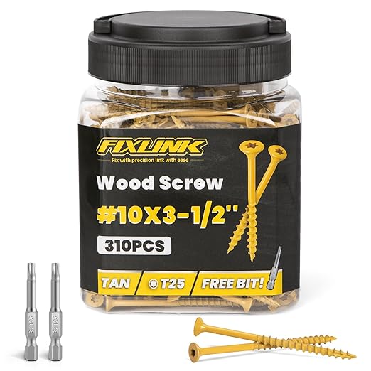 Wood Screws 3-1/2 Inch, FIXLINK Deck Screws #10 x 3-1/2", 310 PCS, Epoxy Coated, T25 Star Bit Above 1500 Hour Salt Spray Coating Outdoor Decking Screws Excellent Rust Resistant for Wood Fence, Tan