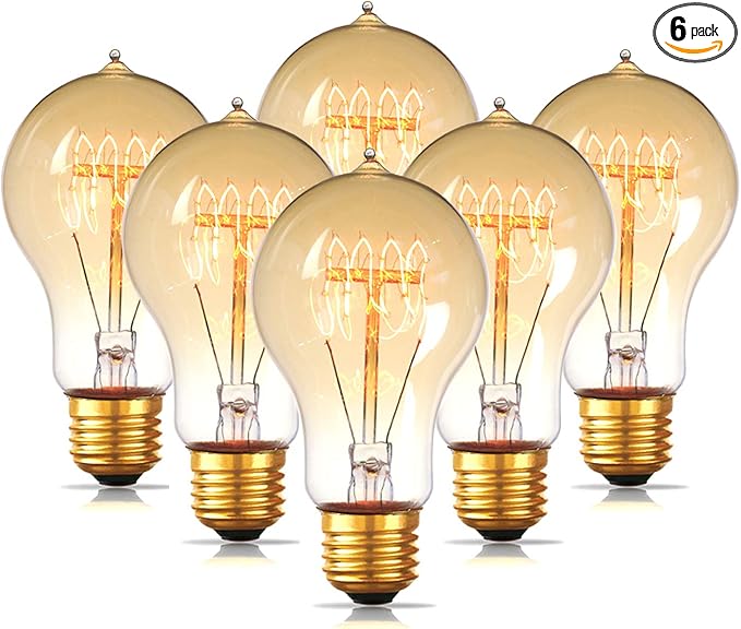 Jslinter 6-Pack Edison Light Bulb 60 Watt, Dimmable A19 Antique Vintage Old Fashioned E26 Incandescent Light Bulbs, Amber Warm White