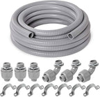 (3/4" Dia * 25 Feet) Yariwiz Flexible Electrical Conduit Liquid Tight PVC Conduit Kit with 3 PCS Coupling, 3 PCS Elbow and 7 PCS Strap, Sealtight Seal Flex Liquidtight Wire Outdoor Non Metallic Grey