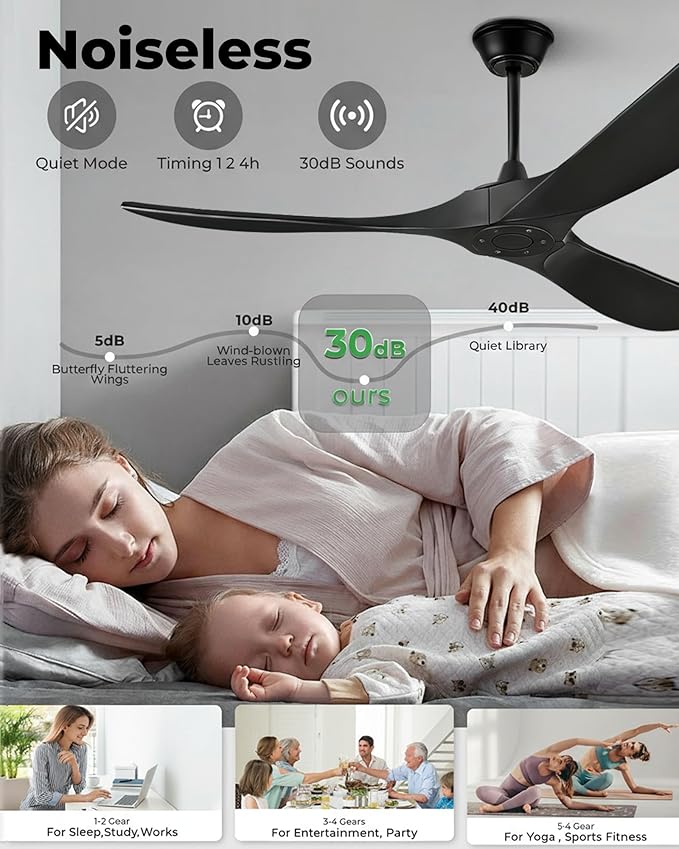 52" Ceiling Fans Without Lights, Solid Wood Ceiling Fan with Remote Control and DC Motor, Ceiling Fan no Light with 3 Blades, Indoor Outdoor Ceiling Fans for Patios, Bedroom- Matte Black