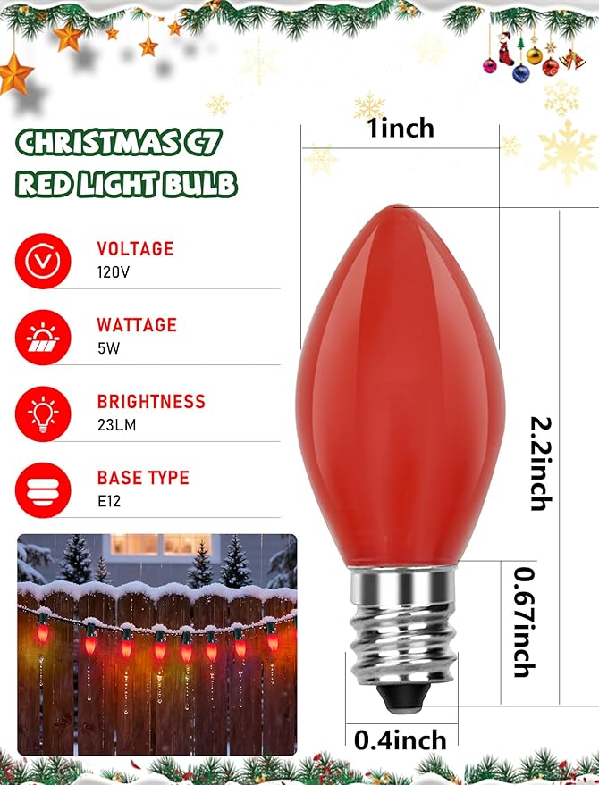 50 Pack C7 Red Christmas Light Bulbs, 5W Ceramic Incandescent Replacement Bulbs for Outdoor String Lights, C7 Christmas Night Light Bulbs for Porch Patio Garden Holiday Decor, E12 Intermediate Base