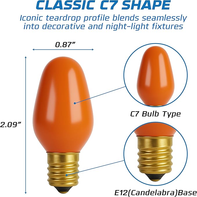 OHLECTRIC Halloween Light Bulbs (24 Pack –Orange), 7 Watt Mini Bulbs – E12 Candelabra Base, Non-Dimmable, 120 Volts – C7 Night Light Lamp Replacement Bulb for Salt Lamps, Window Candles, Holiday Decor