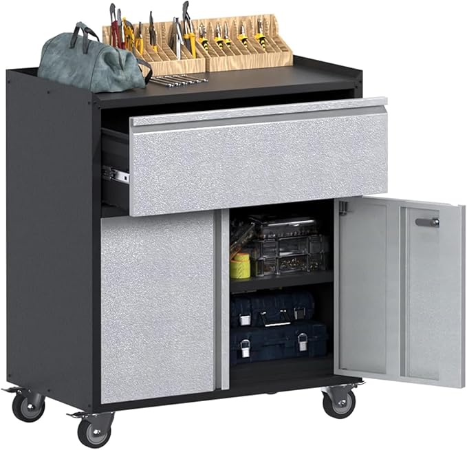 Rolling Garage Storage Cabinet with Door and Drawer, Lockable Metal Tool Cabinet on Wheels for Garage, Home, Office, Black & Gray, Assembly Required, (18.11" D x 30.31" W x 35.43" H)