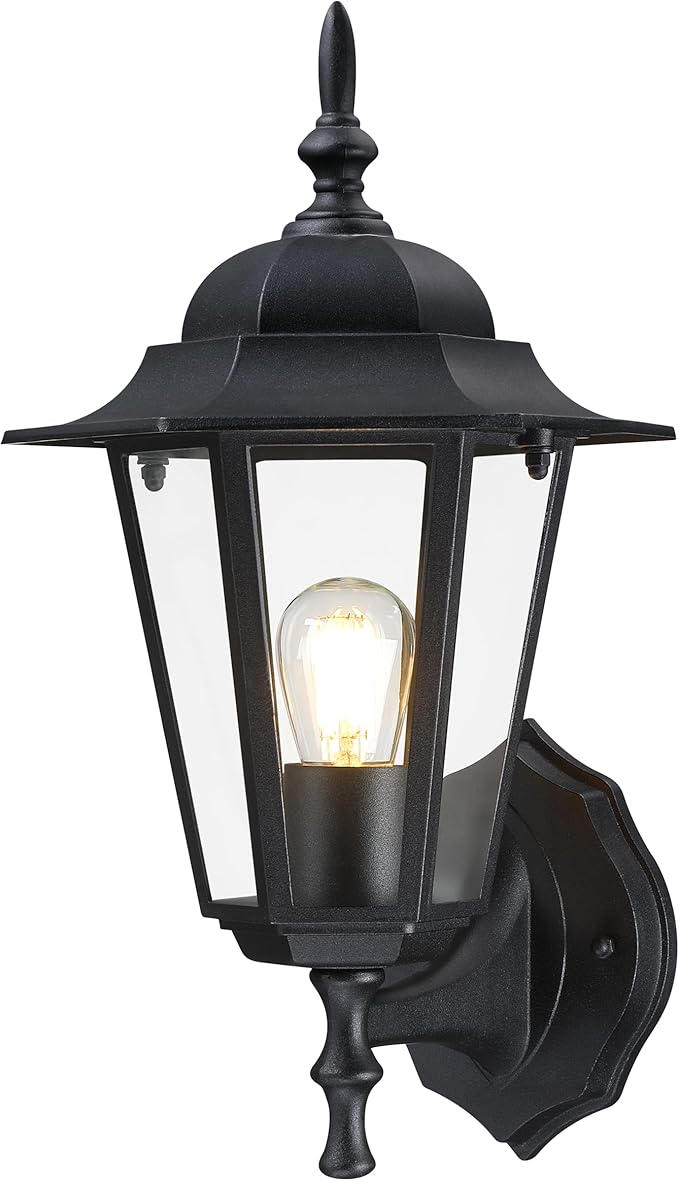 GRUENLICH Outdoor Wall Lantern, Wall Sconce as Porch Lighting Fixture with E26 Medium Base, Aluminum Housing Plus Glass, Water-Proof, Bulb Not Included, Black Finish, 1 Pack