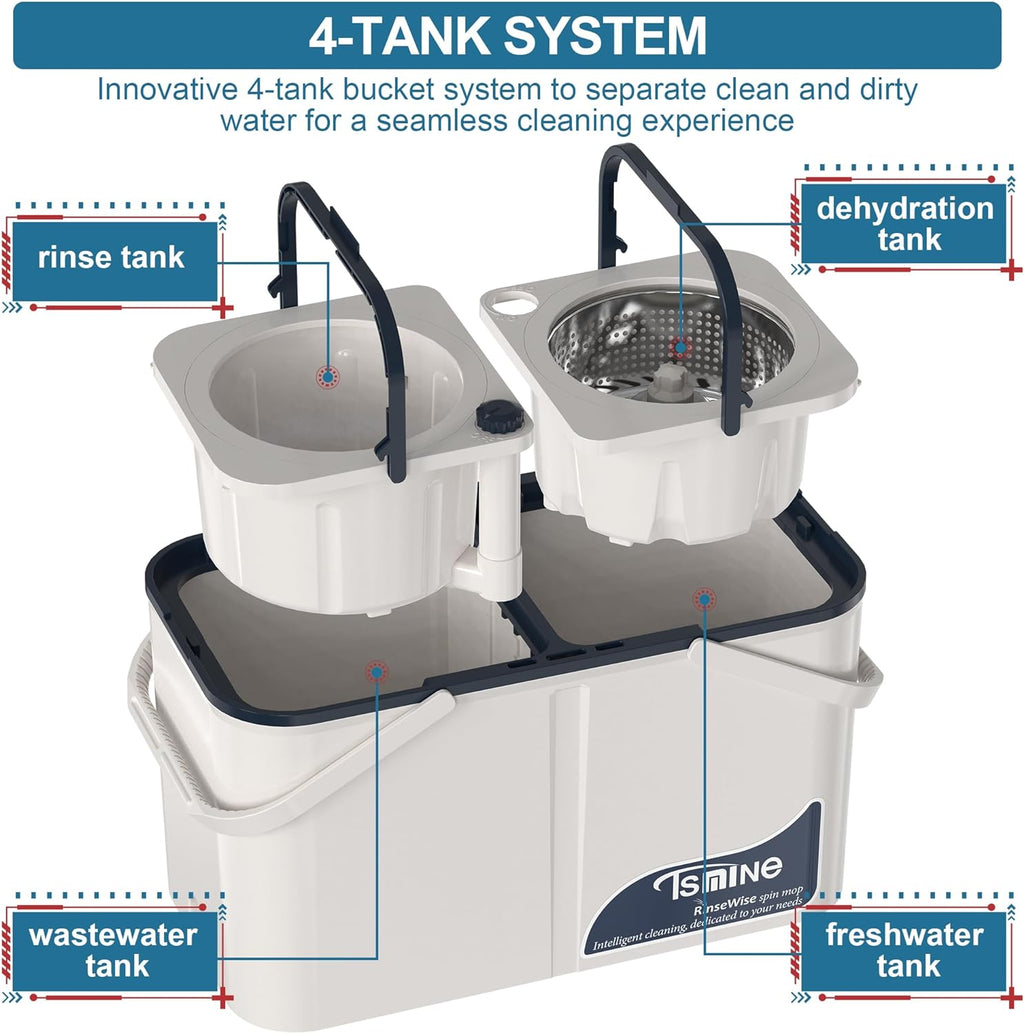 Gen 1 Large-Capacity Spin Mop and Bucket – for Big Homes & Deep Cleaning Days,4-Chamber System Separates Dirty & Clean Water, 2-GAL Heavy-Duty Design with Wheels & 8 Refill Mop Heads - White/Blue