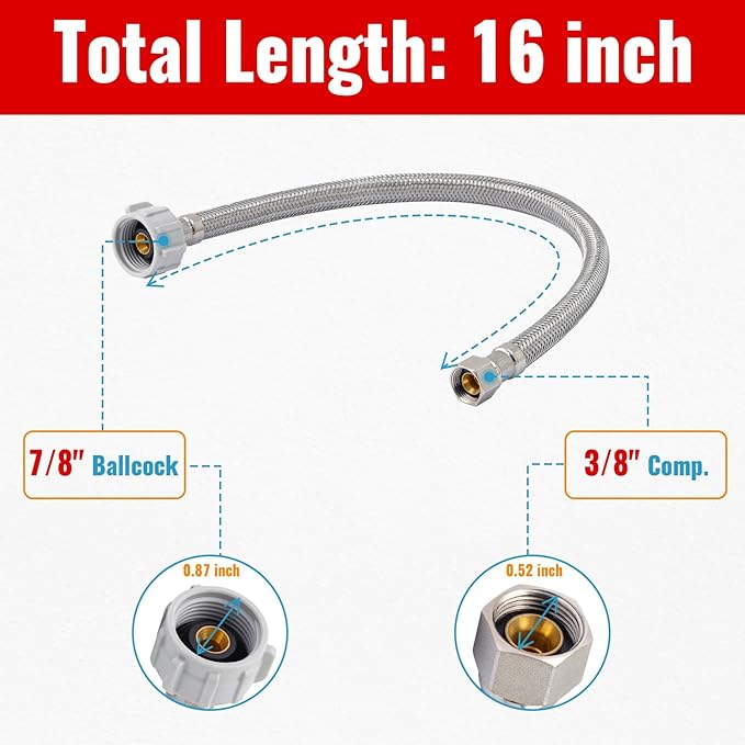 SUNGATOR 16'' Toilet Water Supply Line, 7/8" Ballcock x 3/8" Compression Toilet Hose Connector, 16 Inch Braided Stainless Steel Water Supply Line with 1 Wrench and Sealing Tape(1 Pack)
