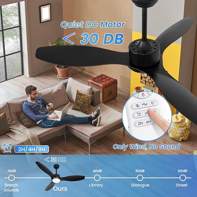 48 inch Ceiling Fans with Lights,Black Ceiling Fan with Light and Remote,3 Color Light,6 Speed,DC Motor,for Bedroom/Outdoor/Patios,Black