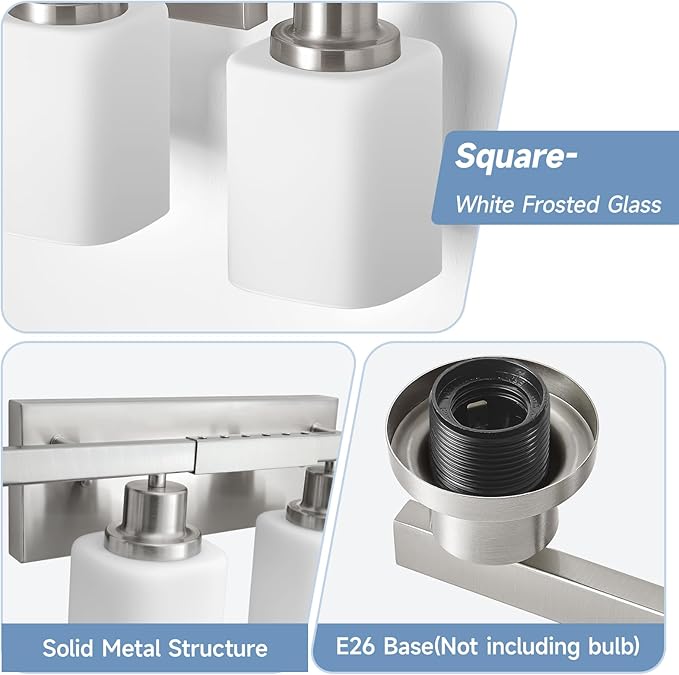 8-Light Bathroom Vanity Light,Brushed Nickel Vanity Lights with Square Frosted Glass,Modern Wall Lights Fixtures Over Mirror,Wall Sconces Lighting for Bedroom Living Room,E26