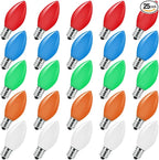 C7 LED Multicolor Replacement Light Bulbs for Christmas Strings Light, 25 Pack 0.6W E12 LED Light Bulbs for Hanging Outdoor String Lights, E12 Candelabra Base (Red, Blue, Green, Orange, White)