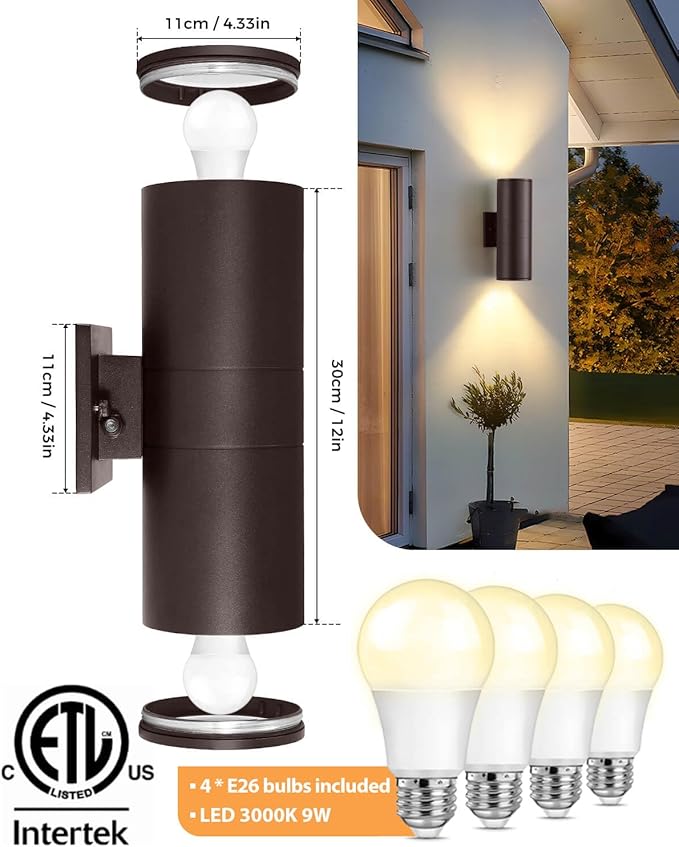 SHIMR Dusk to Dawn Porch Lights Outdoor 2 Pack, Modern Outdoor Lights for House with LED Bulbs, Oil Rubbed Bronze Cylinder Outside Light Fixture Aluminum Outdoor Sconce Exterior Lighting [ETL Listed]