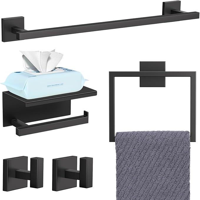 YACVCL 5-Pieces Matte Black Bathroom Hardware Accessories Set 23.6 Inch Towel Bar Set Upgraded Toilet Paper Holder with Shelf Stainless Steel Wall-Mounted Bathroom Hardware Set