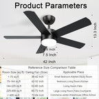 42 inch Black Ceiling Fans with Lights and Remote Control, LED Ceiling Fan Dimmable 3 CCT 6-Speed, Noiseless Modern Ceiling Fan for Bedroom, Living Room, Dining Room, ETL Listed