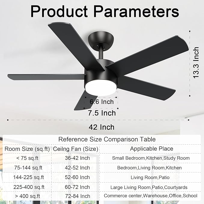 42 inch Black Ceiling Fans with Lights and Remote Control, LED Ceiling Fan Dimmable 3 CCT 6-Speed, Noiseless Modern Ceiling Fan for Bedroom, Living Room, Dining Room, ETL Listed