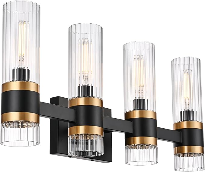 MELUCEE Bathroom Vanity Light Black 4 Lights with Ribbed Clear Glass Shade, Vanity Lighting Fixtures Over Mirror Farmhouse Bathroom Wall Lights for Powder Room Kitchen Foyer, E12 Base