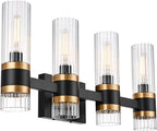 MELUCEE Bathroom Vanity Light Black 4 Lights with Ribbed Clear Glass Shade, Vanity Lighting Fixtures Over Mirror Farmhouse Bathroom Wall Lights for Powder Room Kitchen Foyer, E12 Base