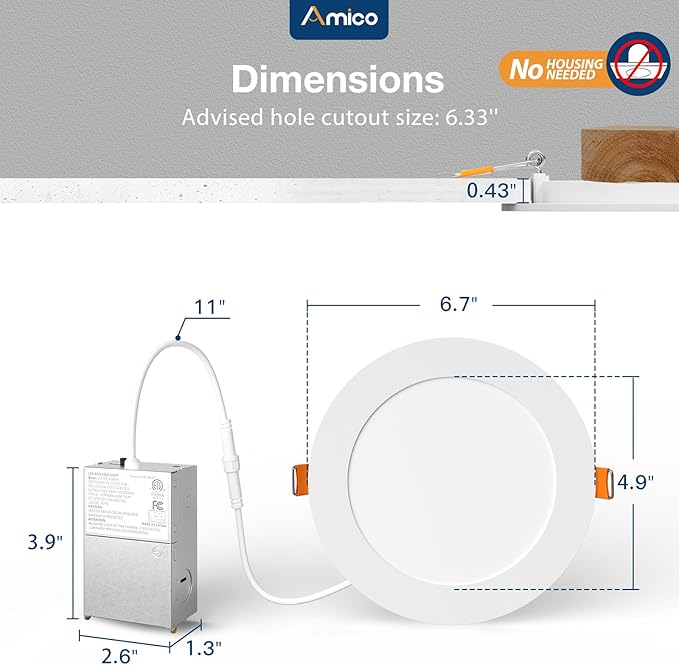 Amico 36 Pack 6 Inch 5CCT Ultra-Thin LED Recessed Ceiling Light with Junction Box, 2700K/3000K/3500K/4000K/5000K Selectable, 1050 Lumens, Dimmable Canless Wafer Downlight, 12W Eqv 110W-ETL&FCC