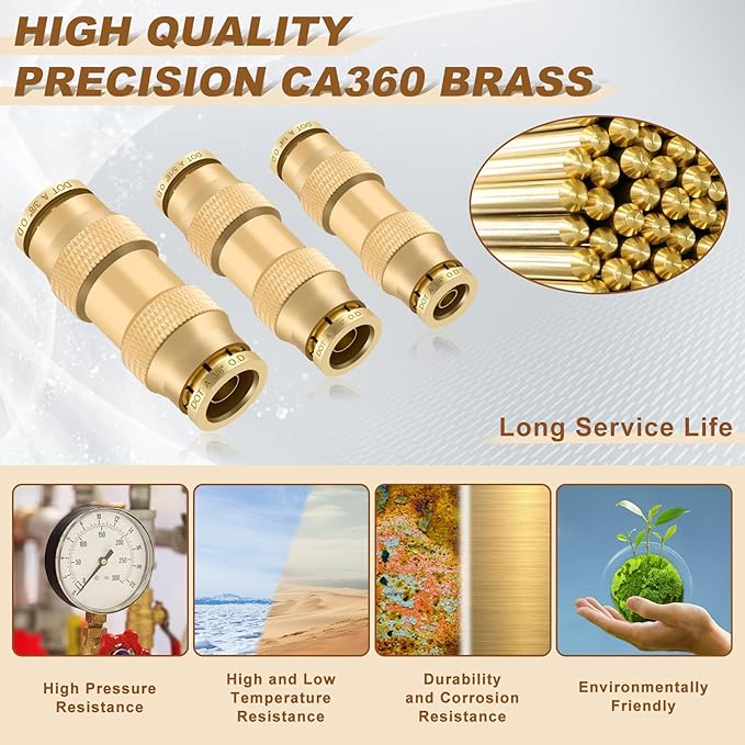 26pcs Quick Connect Brass DOT Air Line Fittings Straight Union 1/4” 3/8” 5/16” Tube Push to Connect Fittings Air Suspension Fitting Straight Air Brake Union Push Lock Pneumatic Air Hose Fitting