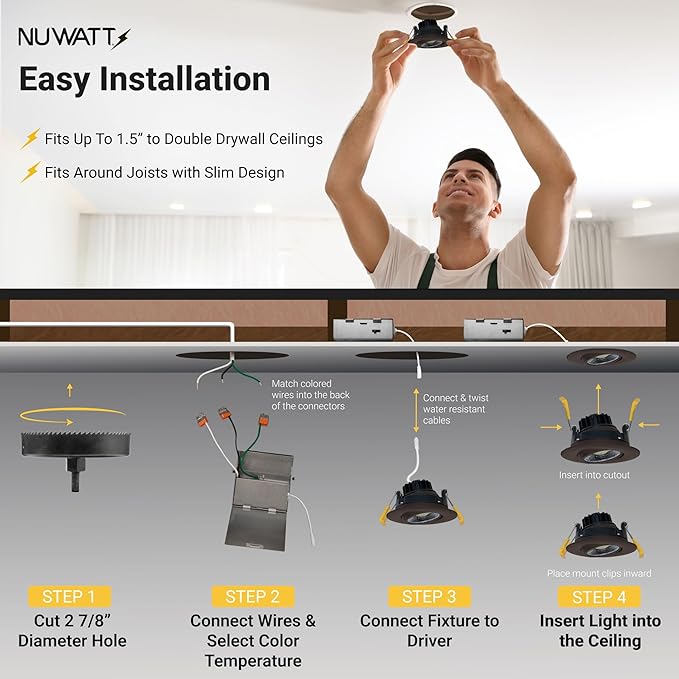 NUWATT 3 Inch LED Gimbal Recessed Downlight, 4 Pack, Canless All-in-1 LED Light with 5 CCT Color Switch 2700K - 5000K, 8W, 600 Lumens, 120V, Dimmable, Matte Bronze Finish