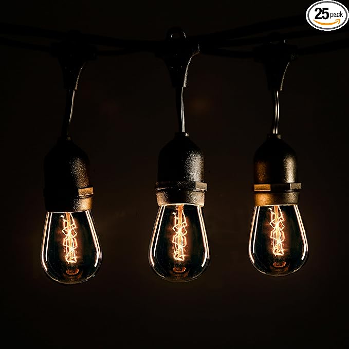 Hometown Evolution, Inc. E26 Outdoor Commercial String Lights with Suspended Socket for Weatherproof Heavy Duty Vintage Outside Lighting (S14 Zig Zag Edison 11 Watt Bulbs, 50 Foot 25 Socket)