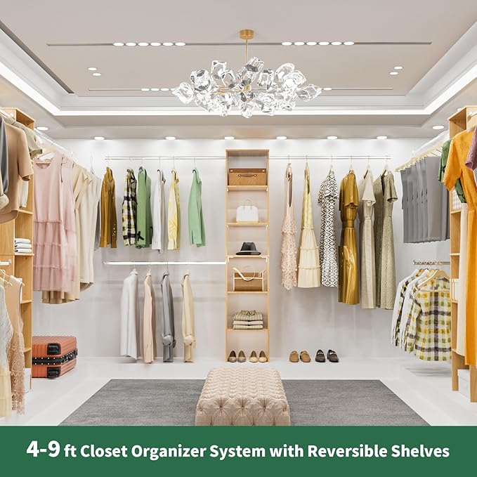 Closet System, 17" Wide Organizer with 3 Hanging Rods, Wood Tower Storage for Walk-In Closets, Wall-Mounted Wardrobe Organizer, Fits Spaces 5-9 ft